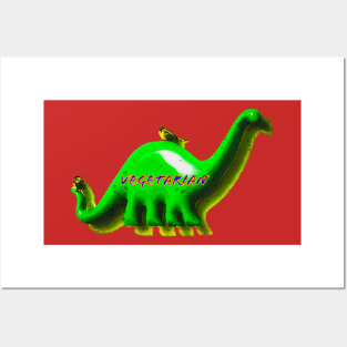 Fun green Retro Dino and birds with a shadow - vegetarian Posters and Art